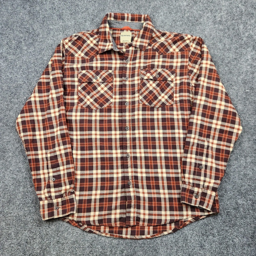 Simms Shirt‎ Mens Large Brown Plaid Flannel Button Front Long Sleeve Casual